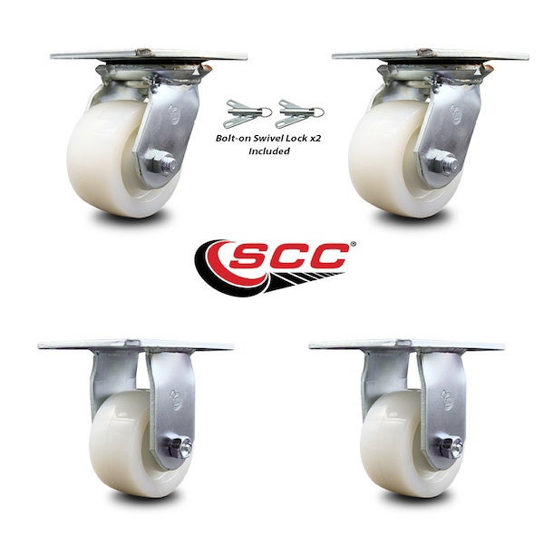 4 Inch Nylon Caster Set with Roller Bearing 2 Swivel Lock and 2 Rigid SCC